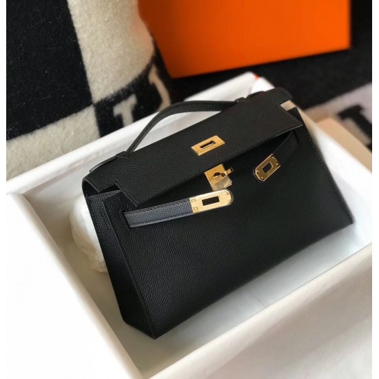 Hermes Kelly Pochette Bag In Black Epsom Leather