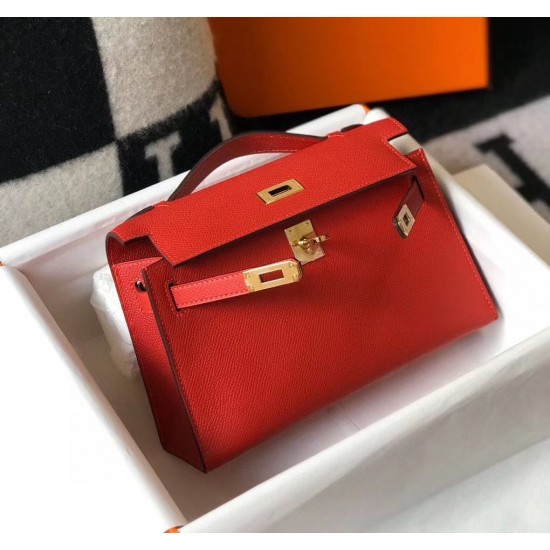 Hermes Kelly Pochette Bag In Red Epsom Leather