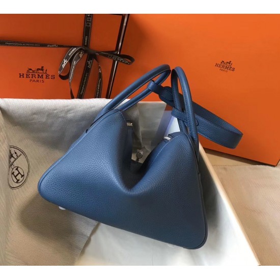 Hermes Lindy 26cm Bag In Blue Agate Clemence Leather