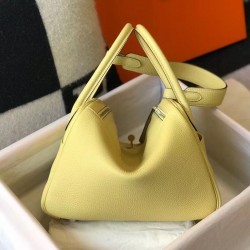 Hermes Lindy 26cm Bag In Beton Jaune Poussin Clemence Leather