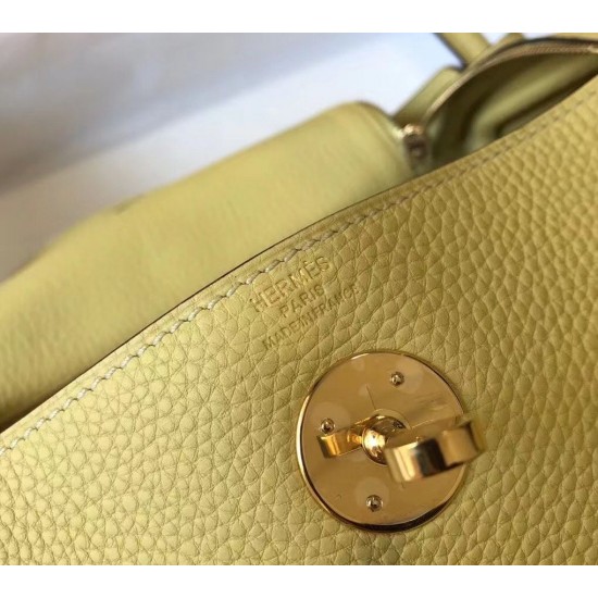 Hermes Lindy 26cm Bag In Beton Jaune Poussin Clemence Leather