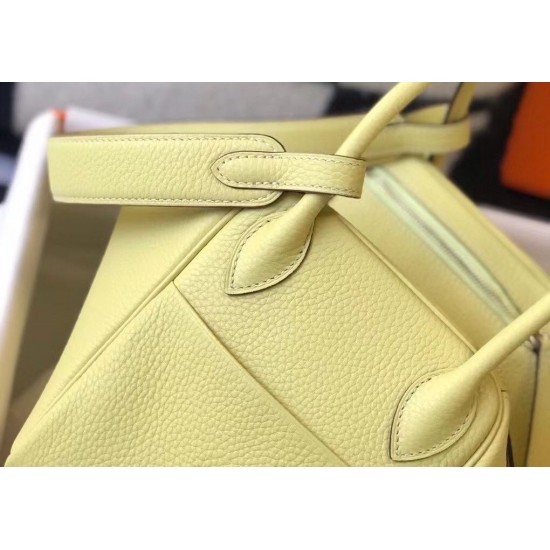 Hermes Lindy 26cm Bag In Beton Jaune Poussin Clemence Leather