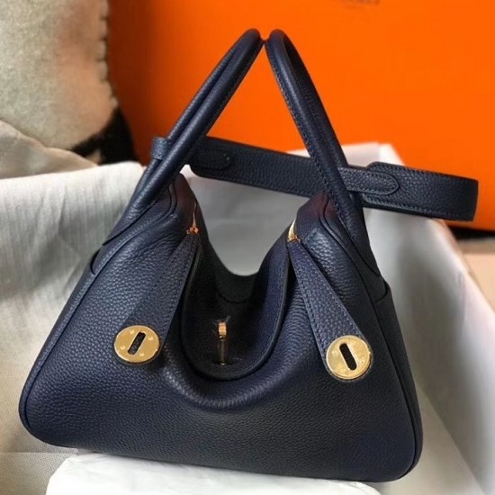 Hermes Lindy 26cm Bag In Navy Blue Clemence Leather