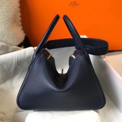 Hermes Lindy 26cm Bag In Navy Blue Clemence Leather