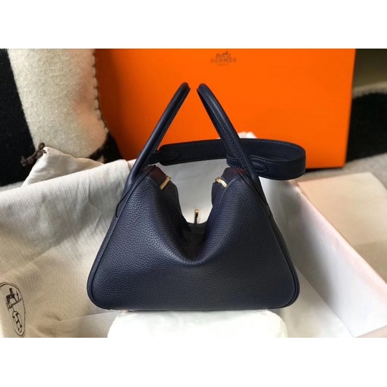 Hermes Lindy 26cm Bag In Navy Blue Clemence Leather