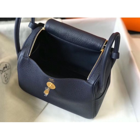 Hermes Lindy 26cm Bag In Navy Blue Clemence Leather