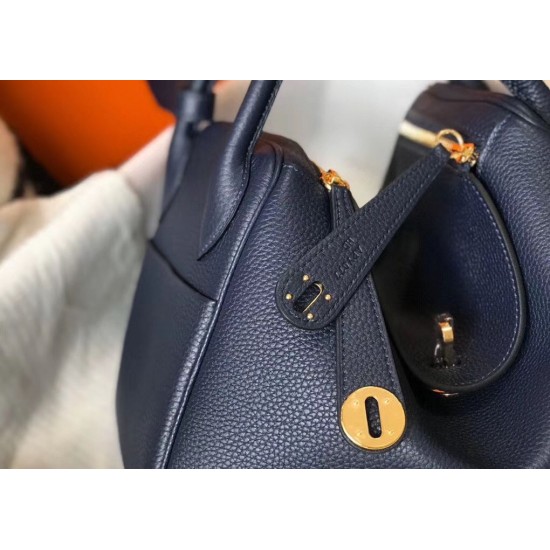 Hermes Lindy 26cm Bag In Navy Blue Clemence Leather