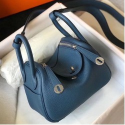 Hermes Mini Lindy Bag In Blue Agate Clemence Leather