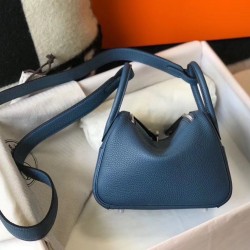 Hermes Mini Lindy Bag In Blue Agate Clemence Leather