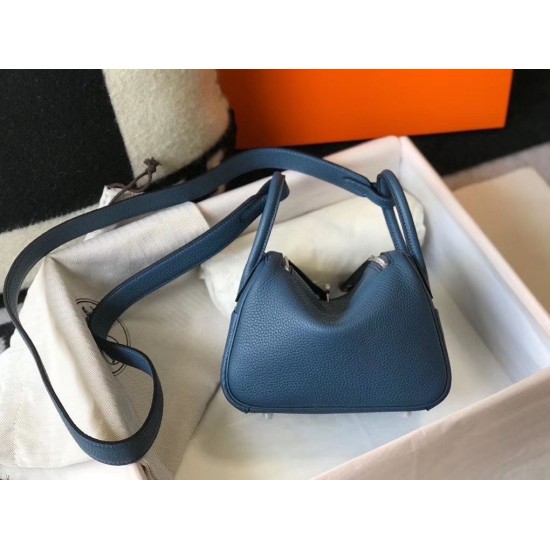 Hermes Mini Lindy Bag In Blue Agate Clemence Leather