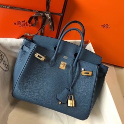 Hermes Birkin 25cm Bag In Blue Agate Clemence Leather