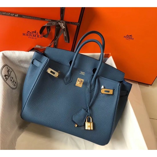 Hermes Birkin 25cm Bag In Blue Agate Clemence Leather