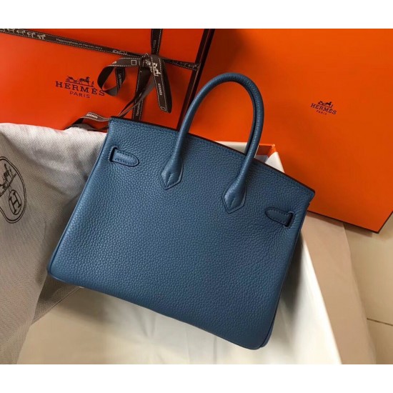 Hermes Birkin 25cm Bag In Blue Agate Clemence Leather