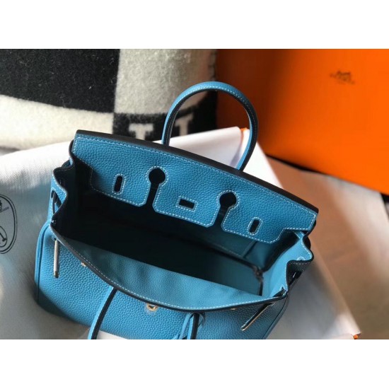 Hermes Birkin 25cm Bag In Blue Jean Clemence Leather