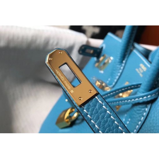 Hermes Birkin 25cm Bag In Blue Jean Clemence Leather