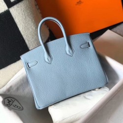 Hermes Birkin 25cm Bag In Blue Lin Clemence Leather