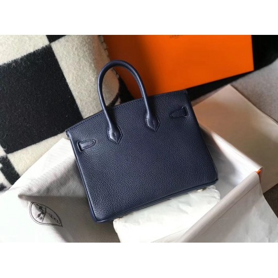 Hermes Birkin 25cm Bag In Navy Blue Clemence Leather