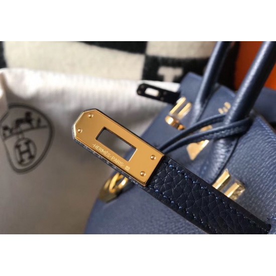 Hermes Birkin 25cm Bag In Navy Blue Clemence Leather