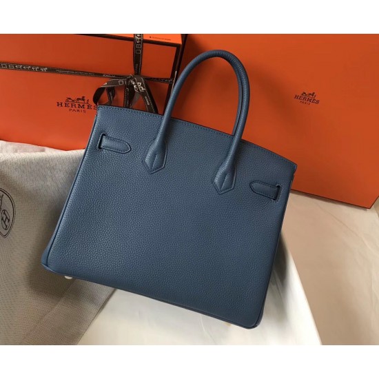 Hermes Birkin 30cm Bag In Blue Agate Clemence Leather