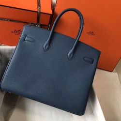 Hermes Birkin 35cm Bag In Blue Agate Clemence Leather