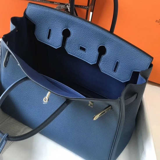 Hermes Birkin 35cm Bag In Blue Agate Clemence Leather