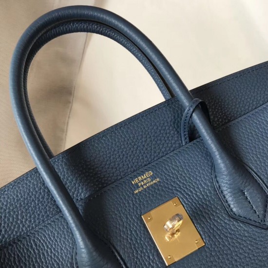 Hermes Birkin 35cm Bag In Blue Agate Clemence Leather