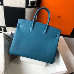 Hermes Birkin 35cm Bag In Blue Jean Clemence Leather