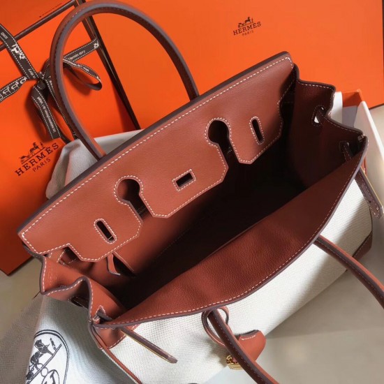 Hermes Birkin 35cm Bag In Canvas Brown Leather