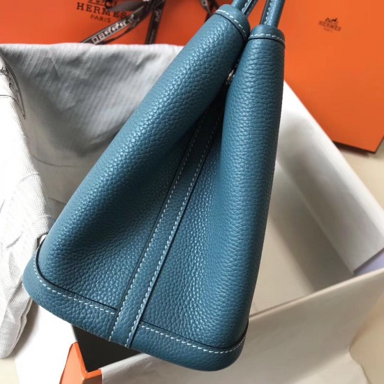 Hermes Garden Party 30 Bag In Blue Jean Clemence Leather