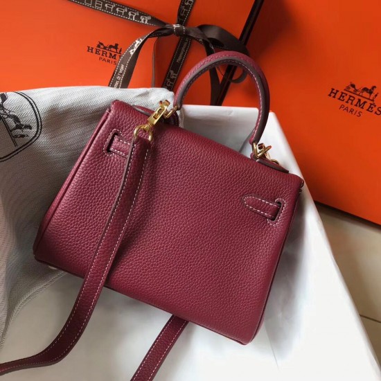 Hermes Mini Kelly 20cm Bag In Bordeaux Clemence Leather