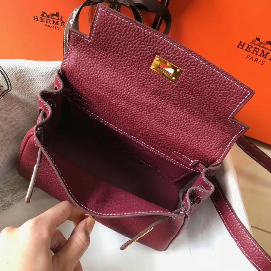 Hermes Mini Kelly 20cm Bag In Bordeaux Clemence Leather