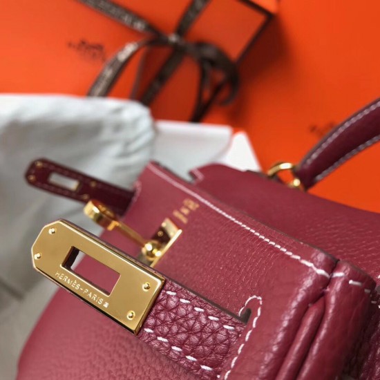 Hermes Mini Kelly 20cm Bag In Bordeaux Clemence Leather