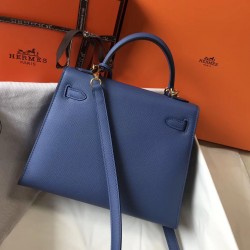 Hermes Kelly 25cm Sellier Bag In Agate Blue Epsom Leather