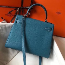 Hermes Kelly 25cm Sellier Bag In Blue Jean Epsom Leather