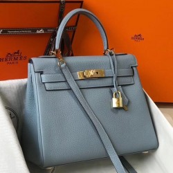 Hermes Kelly 25cm Sellier Bag In Blue Lin Epsom Leather