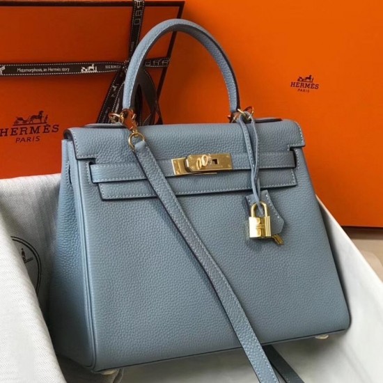 Hermes Kelly 25cm Sellier Bag In Blue Lin Epsom Leather