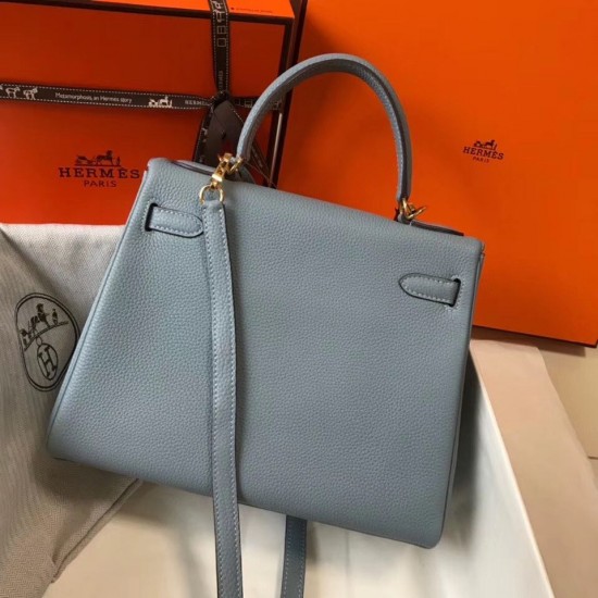 Hermes Kelly 25cm Sellier Bag In Blue Lin Epsom Leather