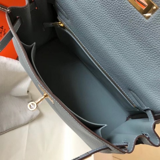 Hermes Kelly 25cm Sellier Bag In Blue Lin Epsom Leather