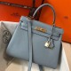 Hermes Kelly 28cm Sellier Bag In Blue Lin Epsom Leather