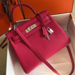 Hermes Kelly 28cm Sellier Bag In Rose Red  Epsom Leather