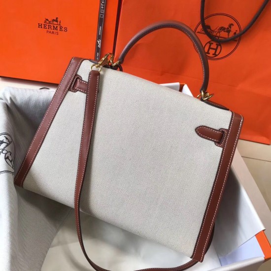 Hermes Kelly 32cm Sellier Bag Toile Canvas With Barenia Leather