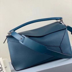 Loewe Large Puzzle Bag In Blue Grained Leather