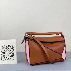 Loewe Mini Puzzle Bag In Brown Camel Pink Calfskin