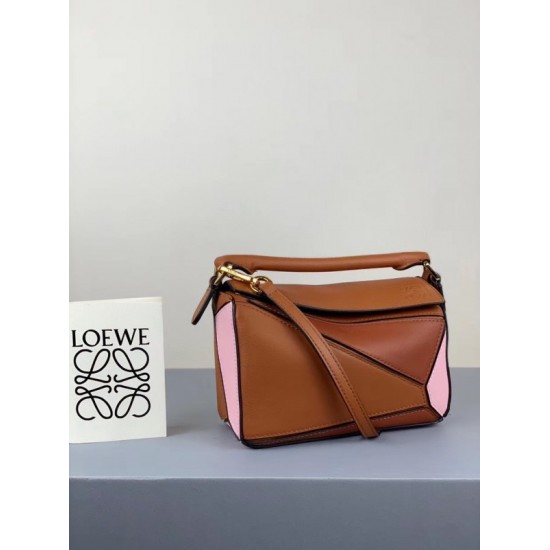 Loewe Mini Puzzle Bag In Brown Camel Pink Calfskin