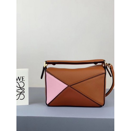 Loewe Mini Puzzle Bag In Brown Camel Pink Calfskin