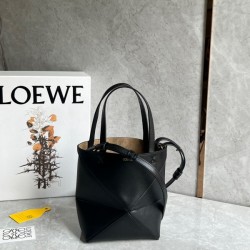 Loewe Mini Puzzle Fold Tote Bag in Black Calfskin