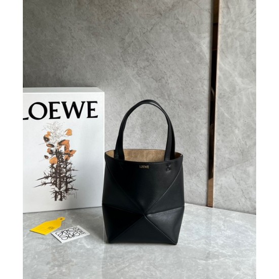 Loewe Mini Puzzle Fold Tote Bag in Black Calfskin