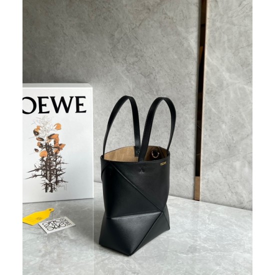 Loewe Mini Puzzle Fold Tote Bag in Black Calfskin