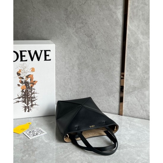 Loewe Mini Puzzle Fold Tote Bag in Black Calfskin