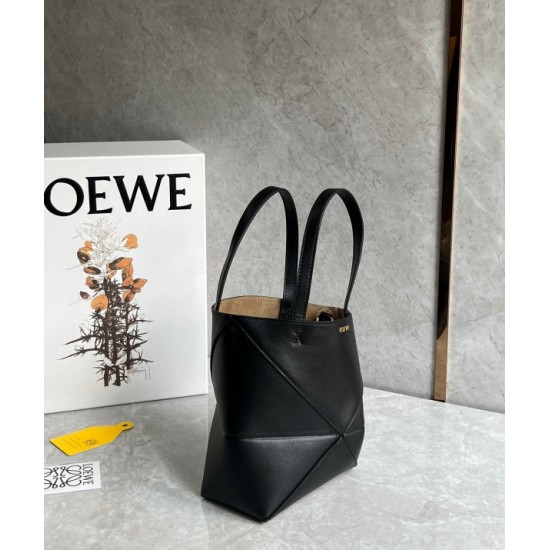 Loewe Mini Puzzle Fold Tote Bag in Black Calfskin